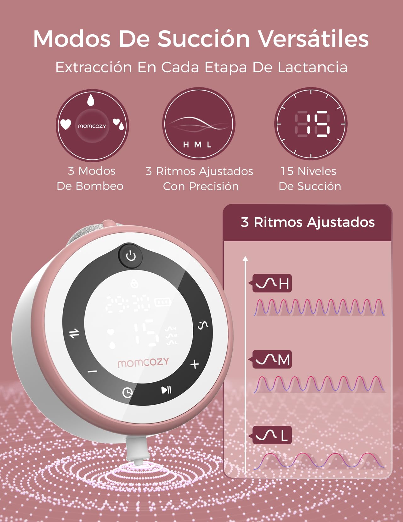 Momcozy V1 Pro Sacaleches Eléctrico Manos Libres, Extractor de Leche Materna Portátil con 300 mmHg, 3 Ritmos y 15 Niveles, Embudo DoubleFit, Colector de 230 ml, Batería de 2300 mAh