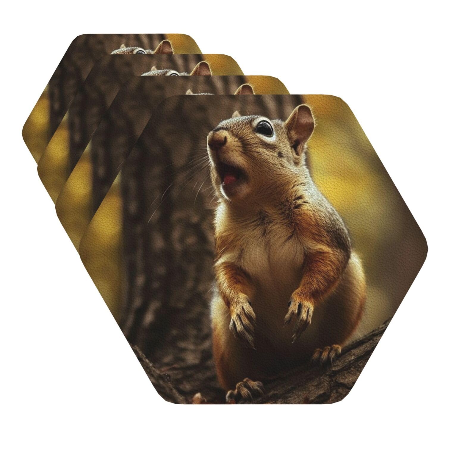 Drink Coasters Set of 4 Quick-Dry Leather Coaster Squirrel Sticks out Tongue Coasters for Drinks Coffee Cup Mat Tabletop Protection Heat Resistant Coaster for Kitchen Bar Office Home Decor