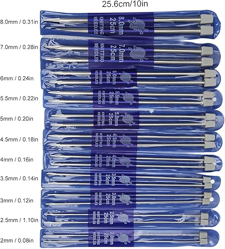 Miniatura 2 de Kit de 22 agujas de tejer, 9.8 in de longitud, acero inoxidable de 0.079 in-0.315 in, brillante, amplia aplicación, juego de agujas de tejer de