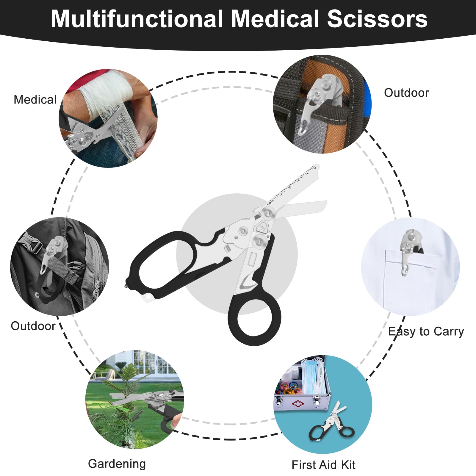 Tijeras de emergencia, tijeras para traumatismos, tijeras de rescate multiherramienta con 6 funciones prácticas, alicates de tijera plegables con funda,alicates tácticos plegables