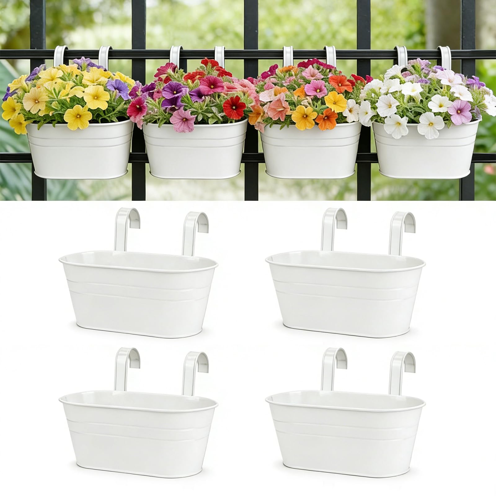 RIOGOO Pots de Fleurs Pots de Fleurs à Suspendre en Fer en Métal Pots de Jardin Jardinières de Balcon Seau en Métal Porte-Fleurs à Suspendre Décor Pot- Crochet Amovible (4 PCS) (Blanc)