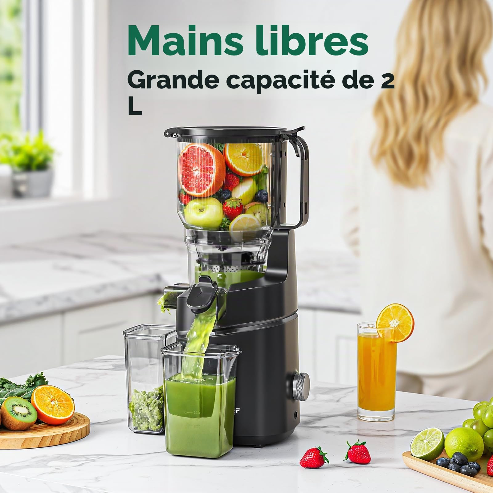 AMZCHEF Extracteur de jus automatique, grande ouverture de 150 mm | pour fruits et légumes entiers, réservoir de 2 L, moteur 250 W en cuivre pur, triple filtre, Gris