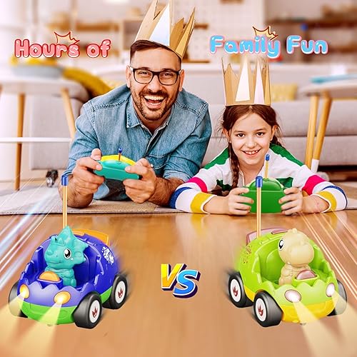 Miniatura 5 de Kidz do Auto de control remoto de dinosaurios para niños pequeños, paquete de 2 autos a control remoto, dos autos de carreras de dinosaurios,