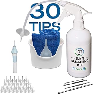Ear Wax Removal Tool by Tilcare - Ear Irrigation Flushing System for Adults & Kids - Perfect Ear Cleaning Kit - Includes Electric Vacuum Removal Tool, Basin, Syringe, Curette Kit, Towel and 30 Tips