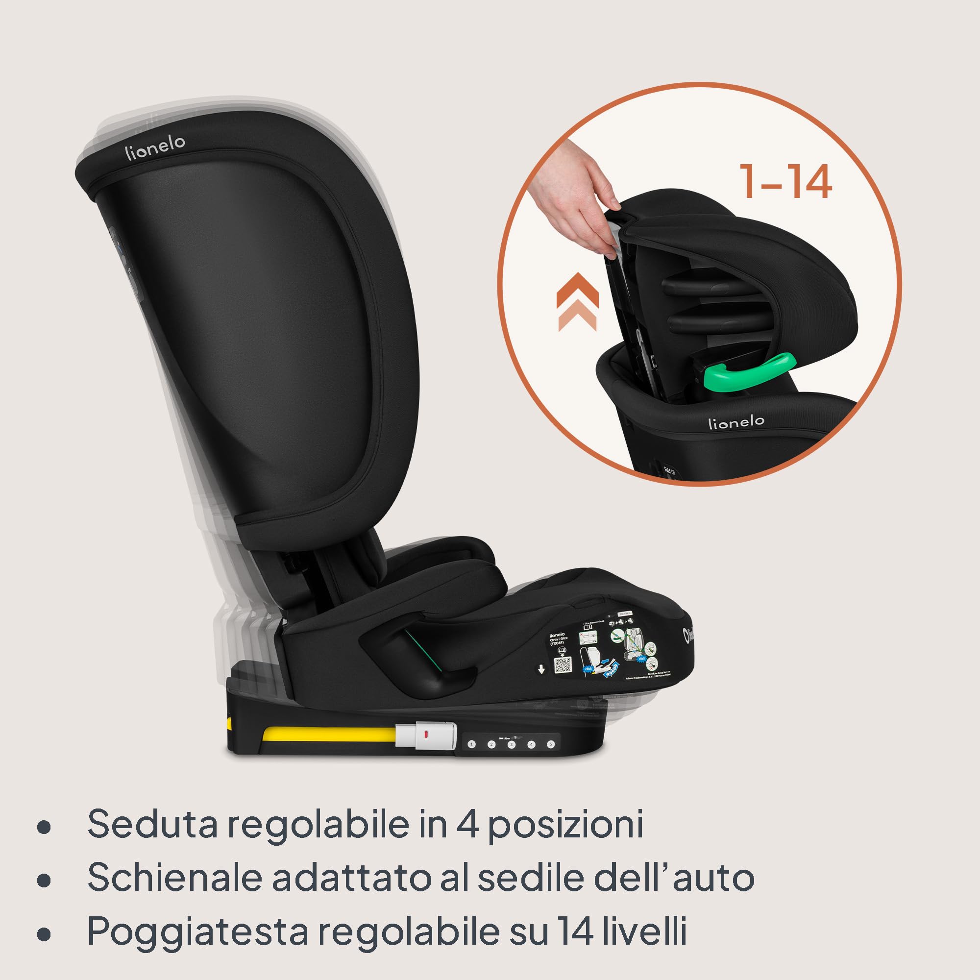 Lionelo Seggiolino Auto Pieghevole ORIN I-SIZE con ISOFIX per bambini | 3,5-12 Anni,Reclinabile 4 Posizioni,Poggiatesta 14 Posizioni, Sfoderabile Lavabile, Borsa e Portabicchiere, i-Size 100-150 cm