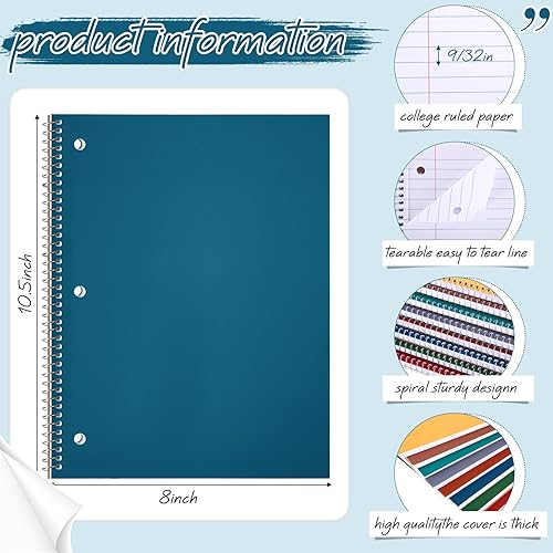 Miniatura 2 de Teling 8 cuadernos en espiral de 1 materia, cuaderno de rayas universitarias de 8 x 10 12 pulgadas, cuaderno de diario en espiral de 3 agujeros,