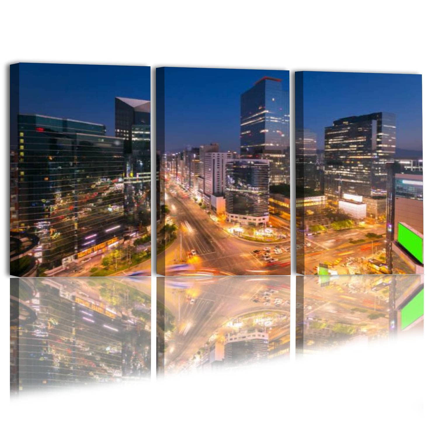 AURFIAIUOP3 Piece Wall Art Painting On Canvas Seoul city Skyling and Skyscraper and Traffic at niaht intersection in Gallery Wrapped Modern Artwork for Living Room Bedroom Décor Ready to Hang