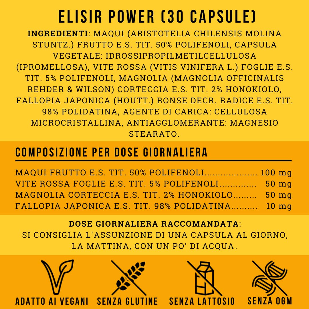 Integratore Antiossidante, Antirughe e Antiage con Polifenoli, Resveratrolo, Maqui, Vite Rossa, Magnolia e Polidatina - Contro Radicali Liberi e Stress Ossidativo - Per Longevità - Elisir Power