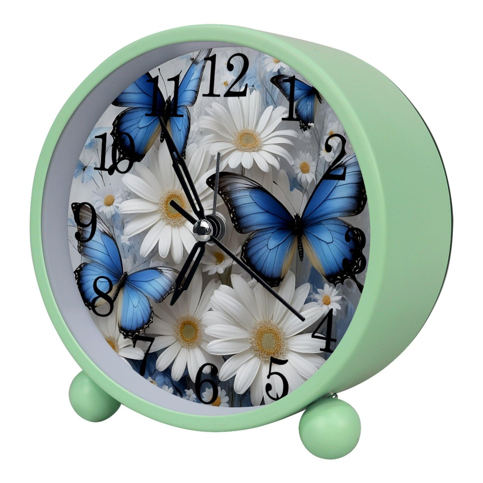 etoenbrc Butterflies and Daisies Round Battery Operated Bedside Alarm Clock Non-Ticking Desktop Silent Analog Alarm Clock with Light