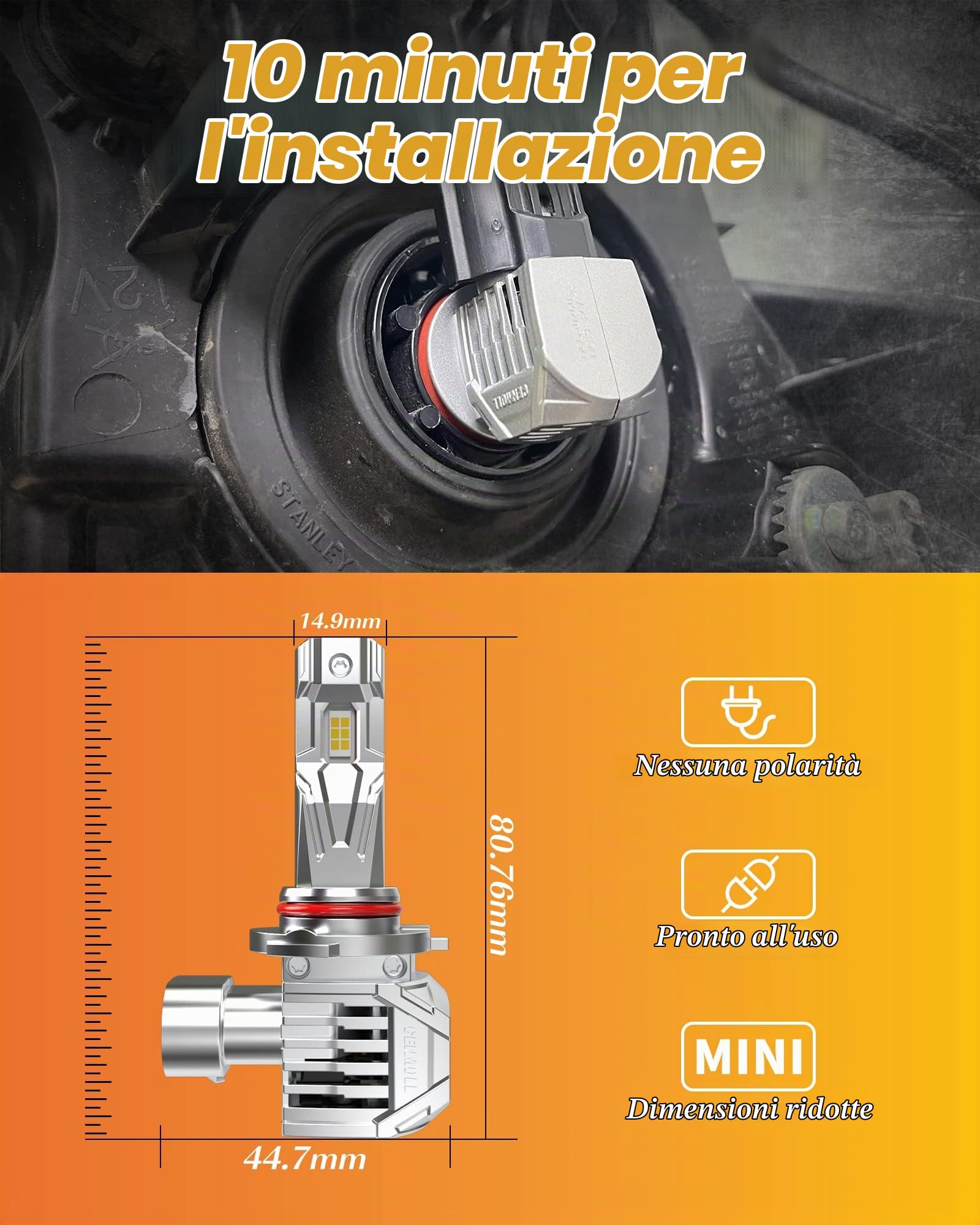 Lampadine HB3 Led, 120W 24000LM 6000K Bianco Freddo 600% Luminosità Lampadina HB3 Led Canbus Senza Errori All-in-One Design Kit di Conversione di Sostituzione Alogena Xenon, Confezione da 2