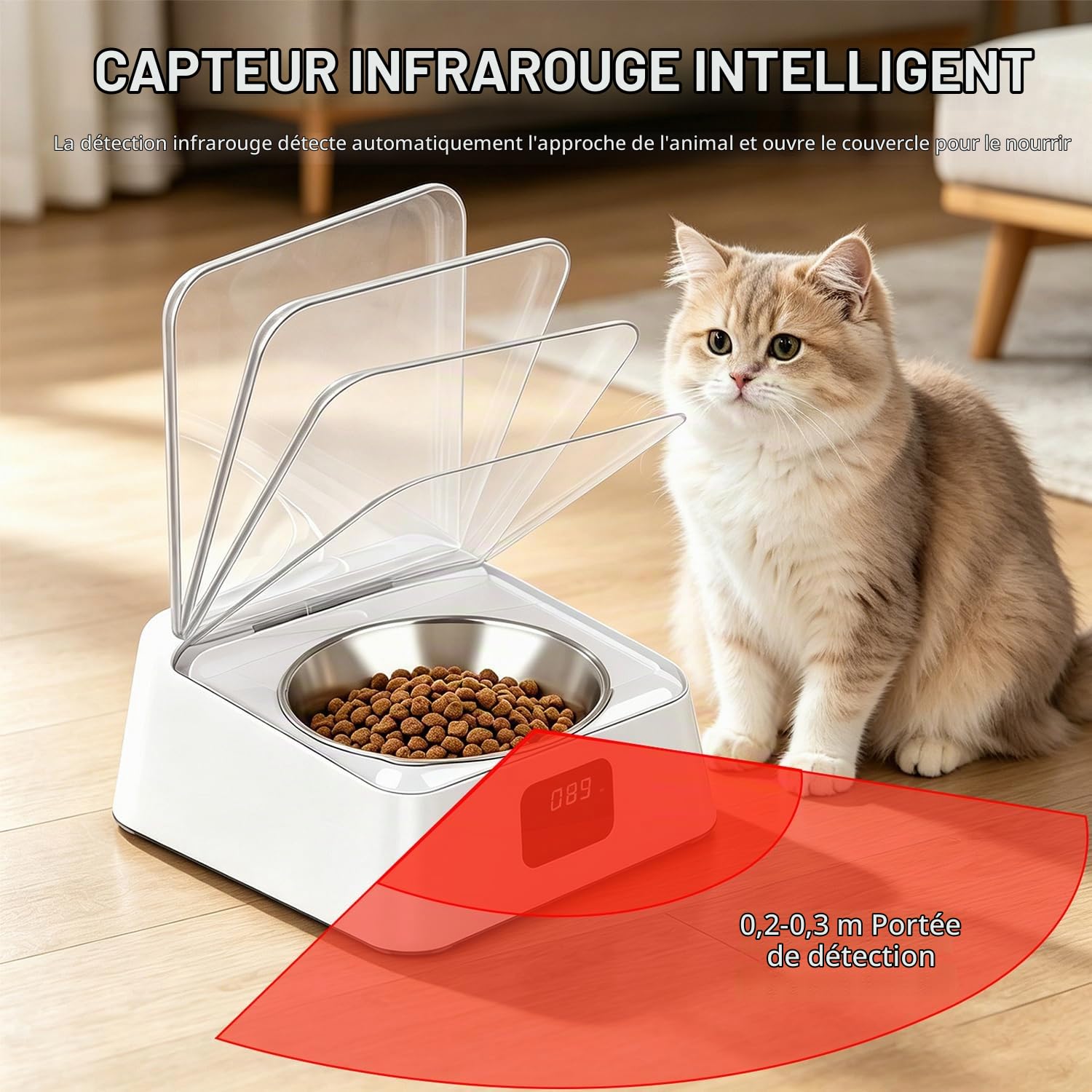Mangeoire automatique pour chats, 350 ml, avec capteur infrarouge, gamelle automatique avec couvercle à charnière, pour chiens et chats de petite et moyenne taille, pour nourriture humide et sèche