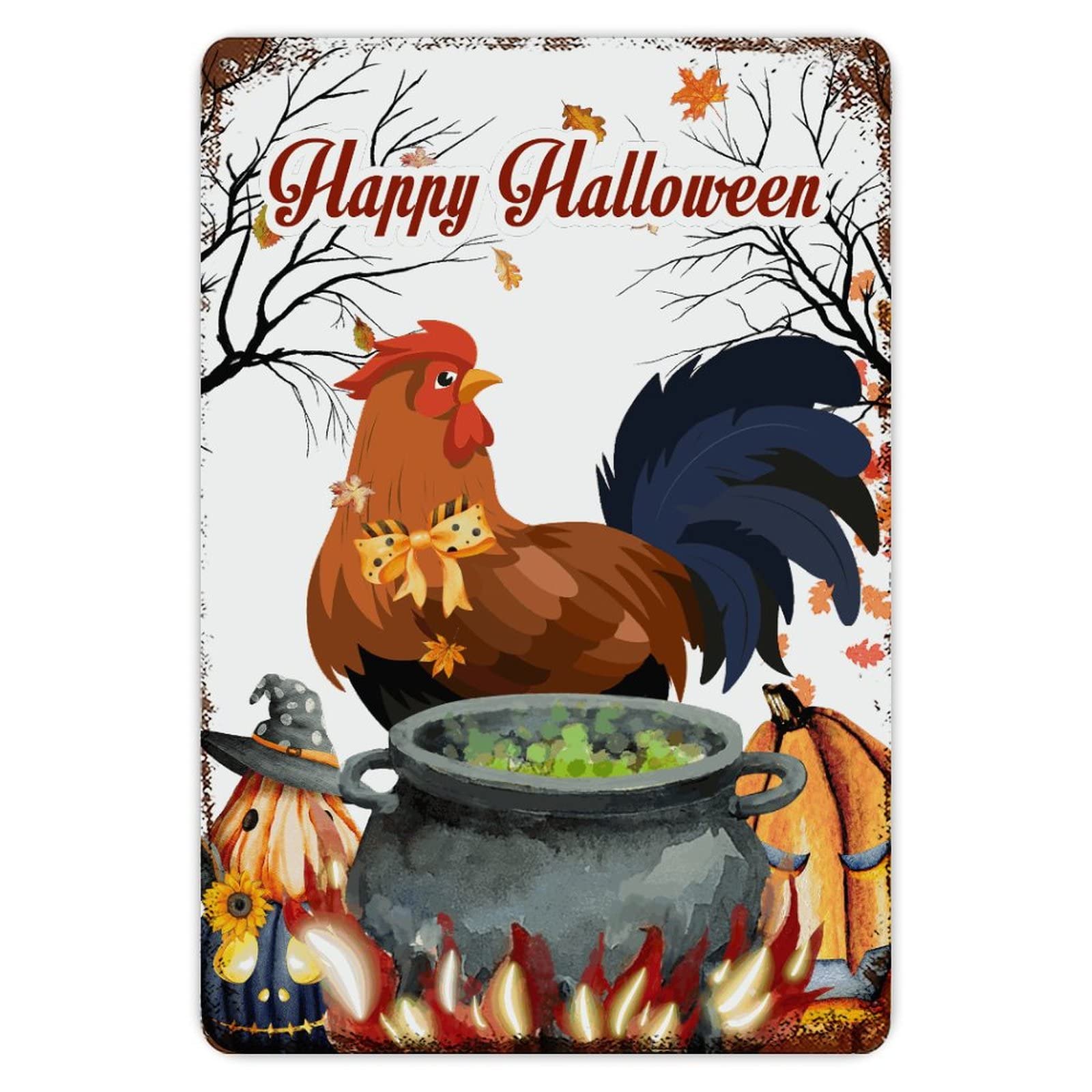 ENEDNATE Farmhouse Man Cave Metal Sign Trick Or Treat Halloween Rooster Pumpkin Retro Aluminum Tin Metal Signs for Indoor & Outdoor Yard Office Kitchen Living Room Door Home Décor 8x12 Inch