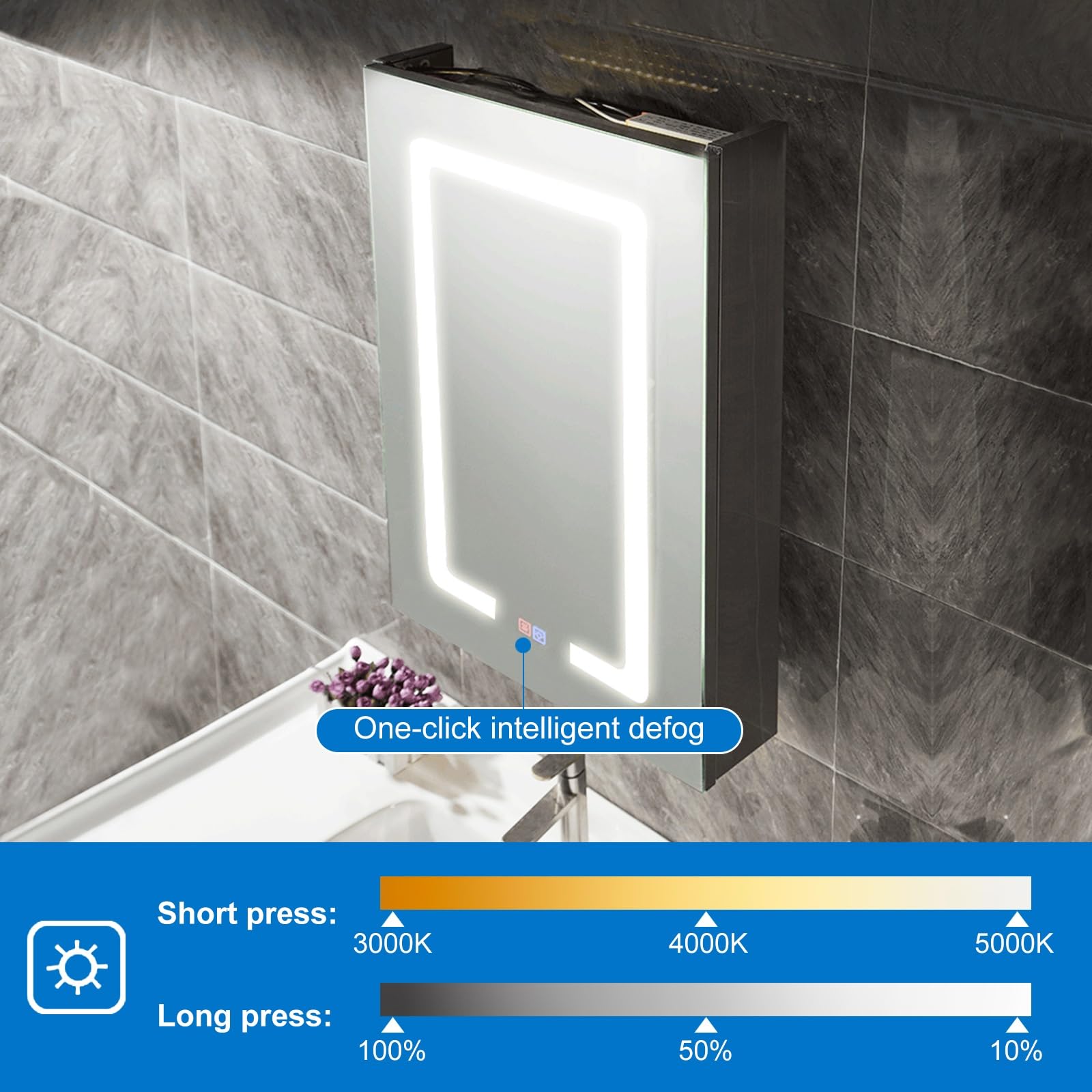 Armario con espejo de baño de 50 x 80 cm con enchufe y USB, iluminación de 3 colores y función antivaho, elegante solución de almacenamiento para baños modernos
