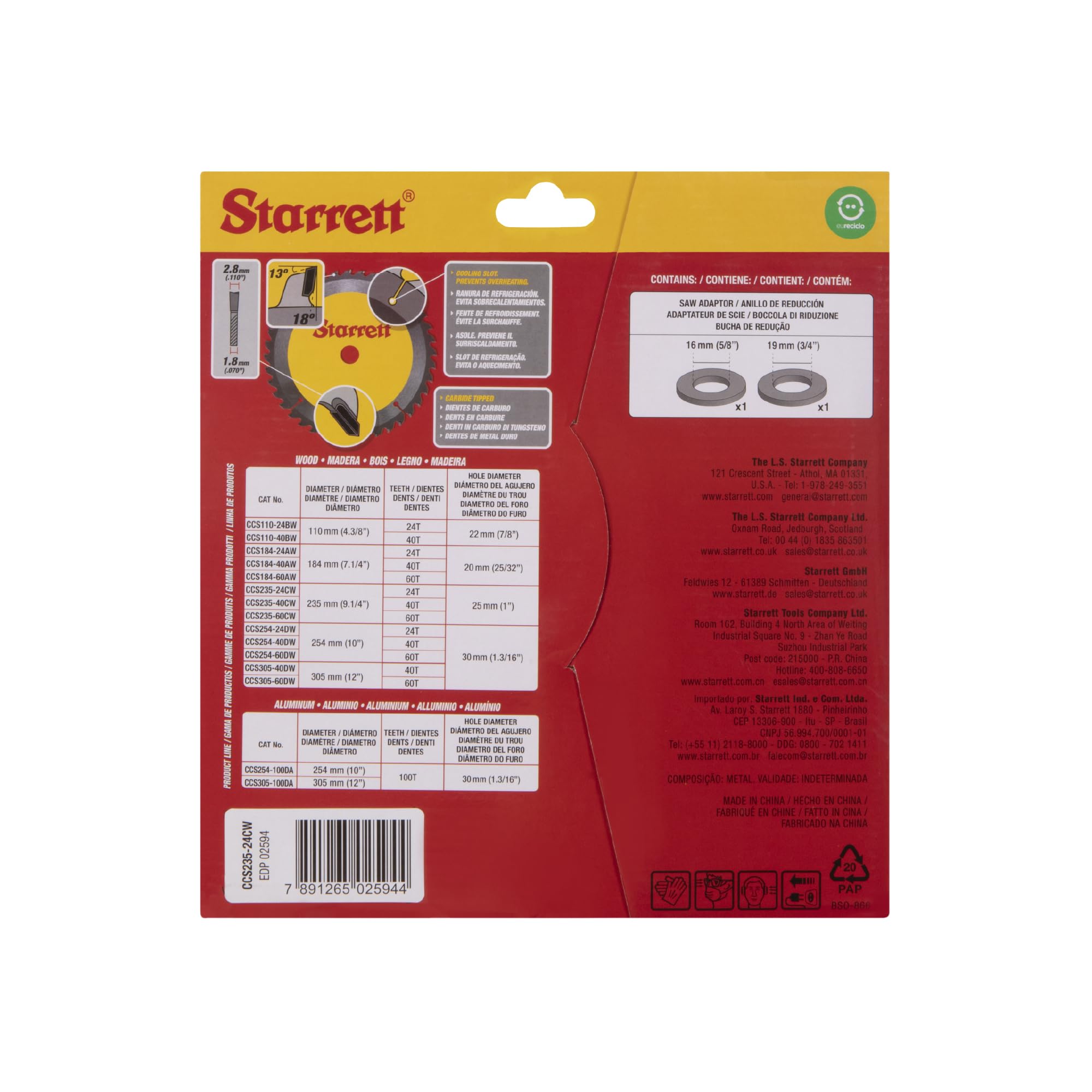 Starrett Lame de scie circulaire TCT 235 mm pour bois, 24 dents, alésage 16/19/25 mm