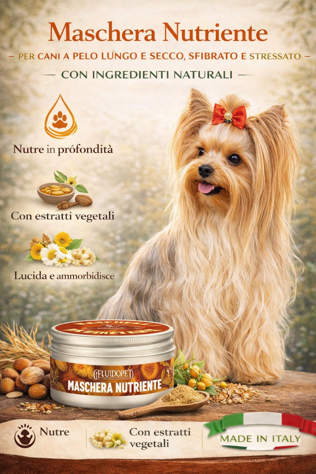 FluidoPet Evolution Maschera Professionale per Cani a Pelo Lungo e Delicato – Trattamento Idratante e Nutriente per Mantelli Secchi e Sfibrati, Ideale per Maltese, Shih Tzu, Levriero Afgano (50ml)