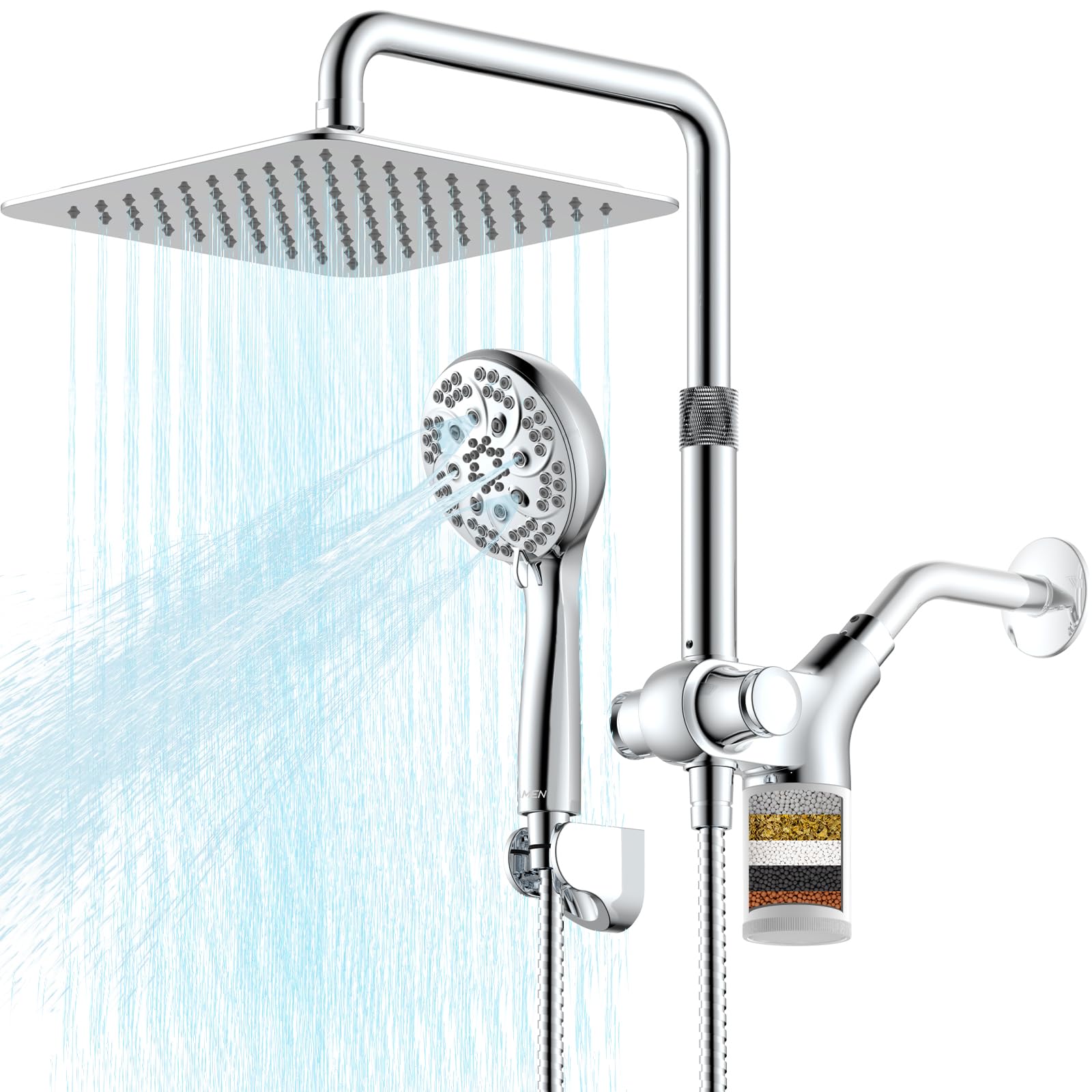 upgraded dual shower heads combo, 10 inch filtered shower head with handheld, 3-way rain shower head with filters, 7 settings handheld spray, high pressure, height adjustable (silver)