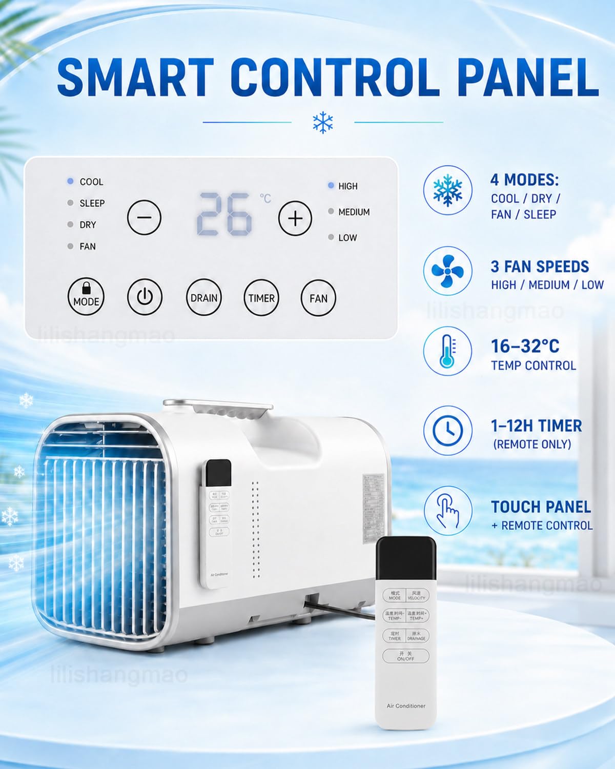Klimatyzator do namiotu ze sprężarką, Chłodzenie, Osuszanie, Wentylator i Sen, 16–32°C, pilot i timer do przyczepy kempingowej, kampera i vana 1300W