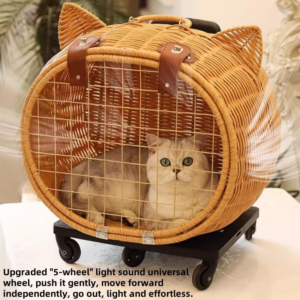 Handwoven Rattan Pet Stroller with Wheels and Telescopic Handle, Outdoor Pet Trolley Case with Ventilation Holes for Walking or Travel