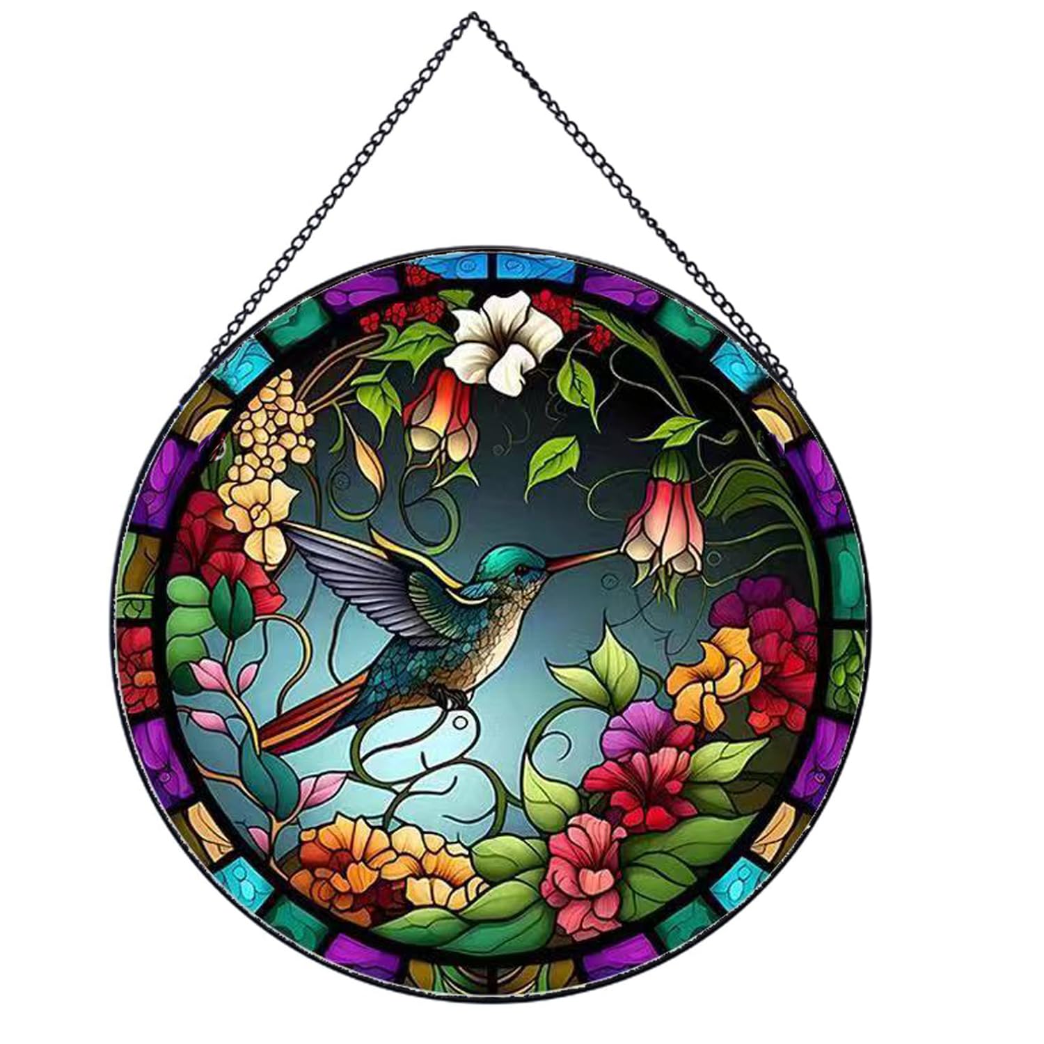 Payutou Hummingbird and Flower Pattern Suncatcher with Stained Glass for Hanging for Windows 20 cm, Hand-painted Suncatcher
