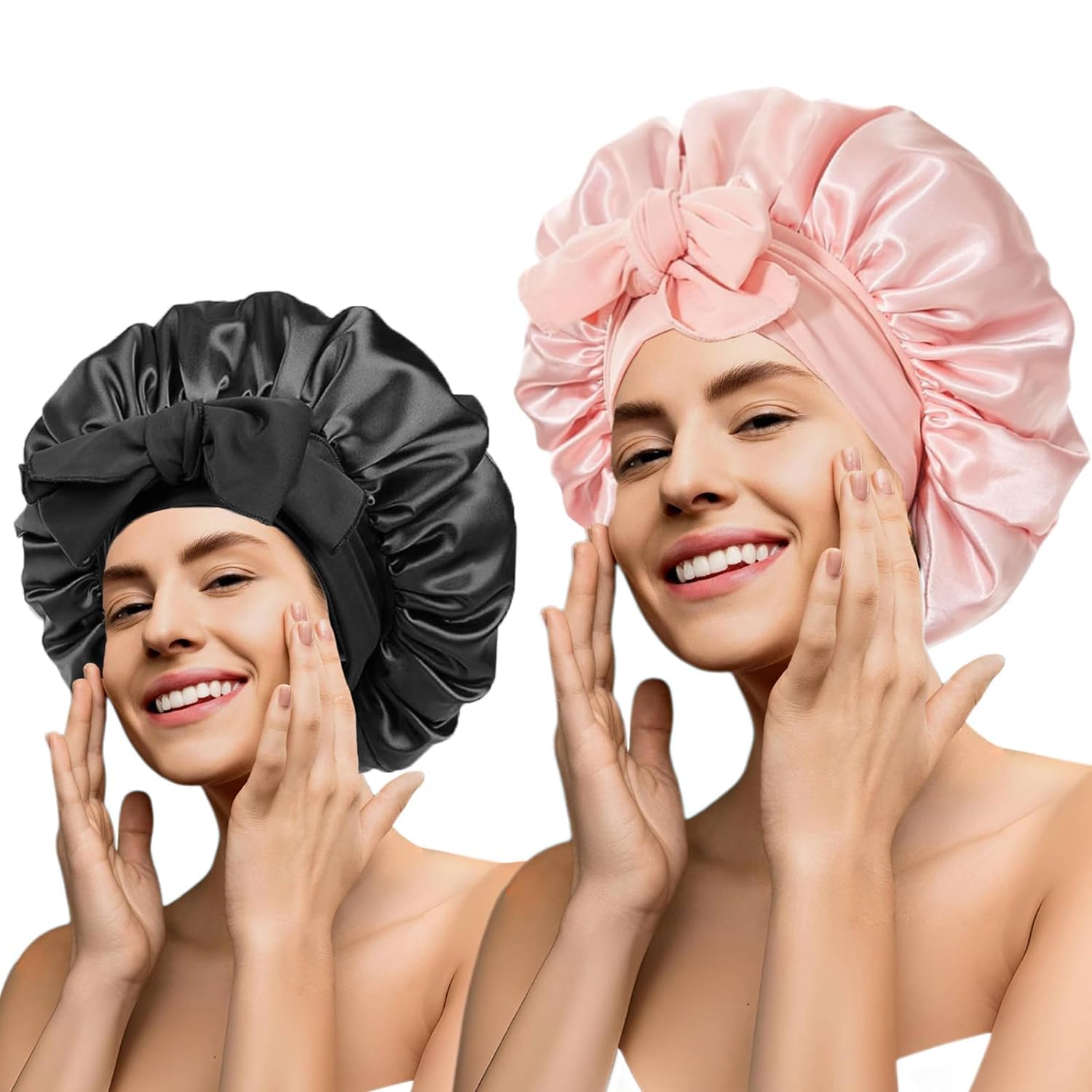 2Pc Silk Bonnet Satin Hair Bonnet With Tie Band for Sleeping Large Bonnets Hair Wrap with Adjustable Straps Hair Shower Cap Sleep Caps for Women Curly Braid Hair?Black+Coral Pink? PInk+Black