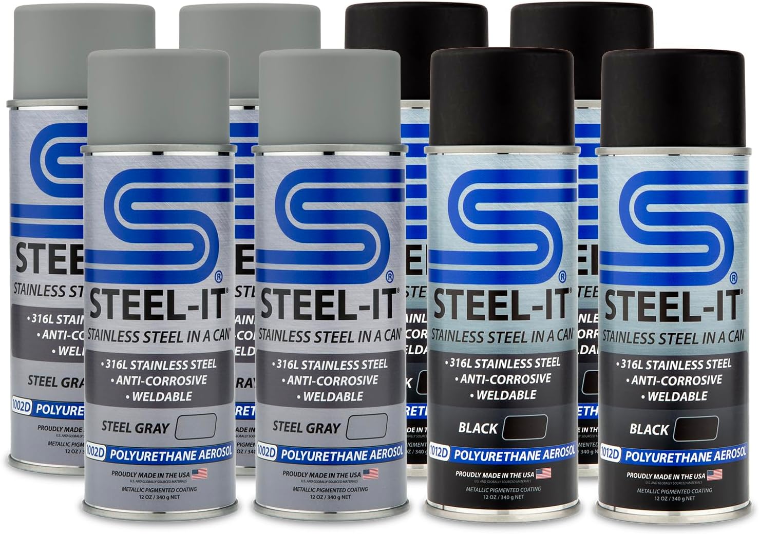 Steel-It Polyurethane Aerosol, Stainless Steel in a Can Protects Against Corrosion, Industrial Paint Coatings, Heat/Wear Resistant, Weldable, Food Safe, (4 Cans Steel Gray & 4 Cans Black)