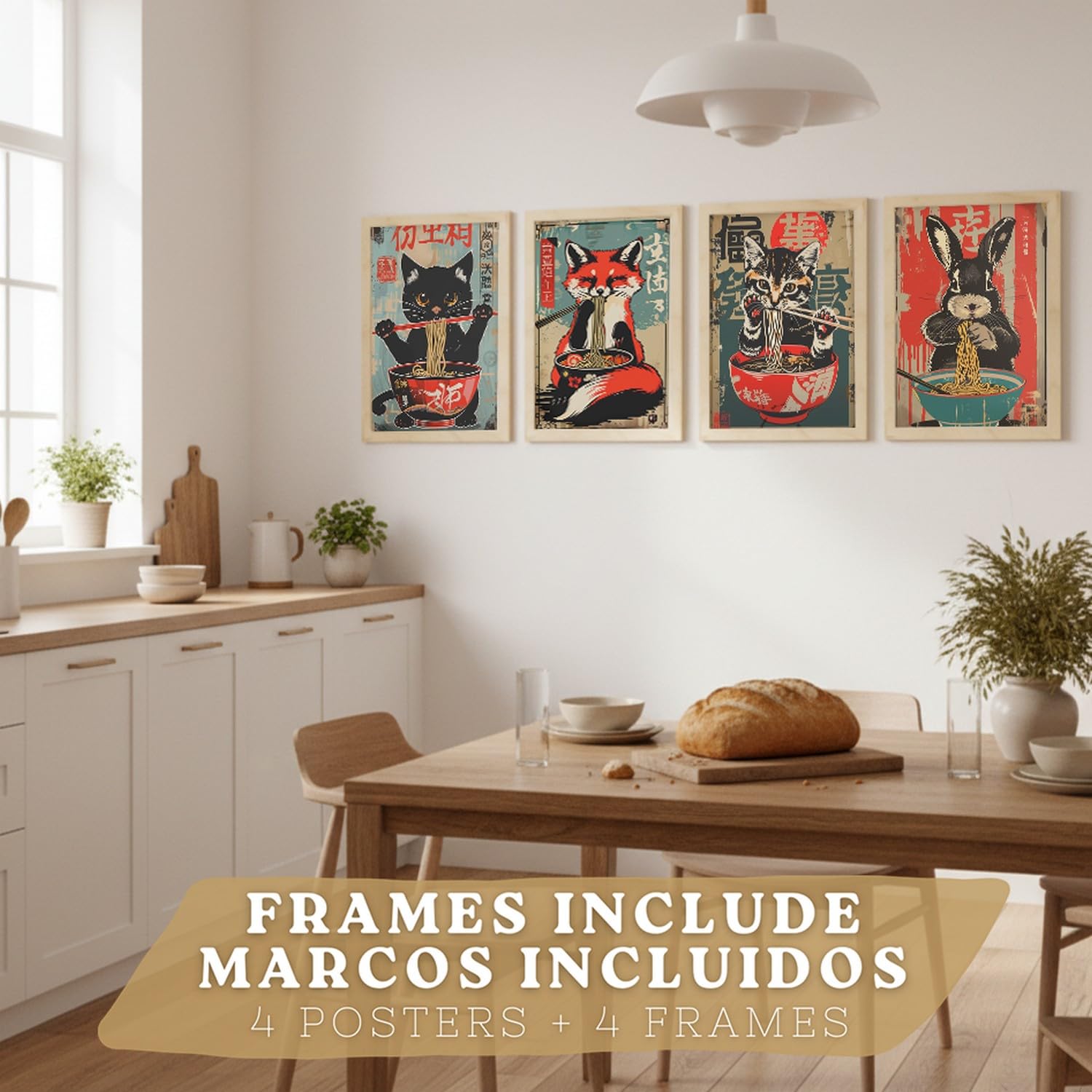 Nacnic Set De 4 Láminas Animales Ramen Japonés Cuadros Cocina Gato Zorro Y Conejo Comiendo Noodles Póster Decoración Pared A3 Marco Madera Clara