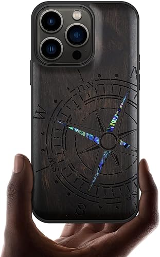 Carveit Funda protectora de madera de diseñador para iPhone 13 Pro, cubierta magnética, grabado en madera e incrustaciones de concha, funda de