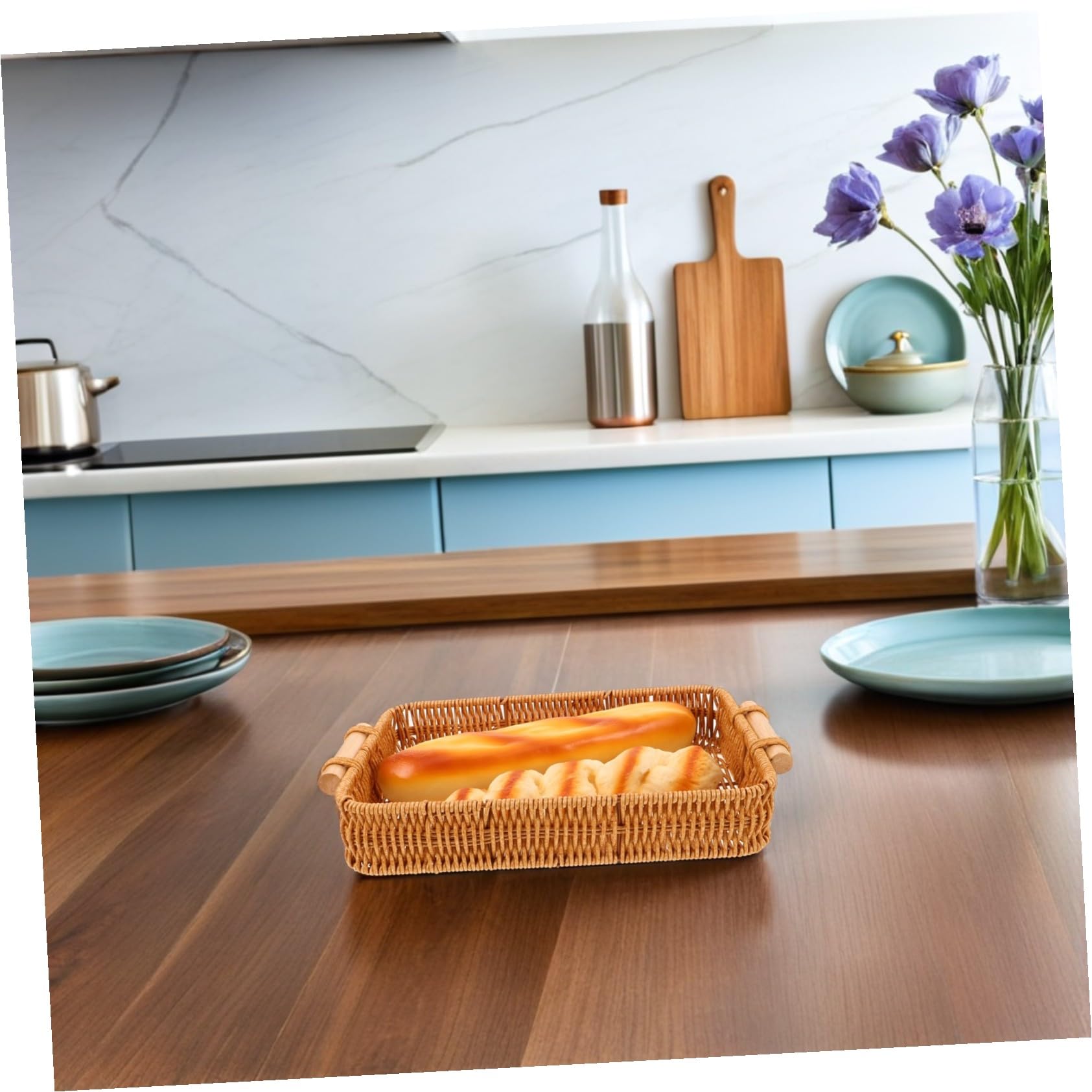 NOLITOY 2 Piezas Cestas de Pan Tejidas Mano con Asas de Madera Bandejas Rectangulares de Ratán Sintético para Servir y Almacenar Organizador Artesanal para Cocina y Comedor
