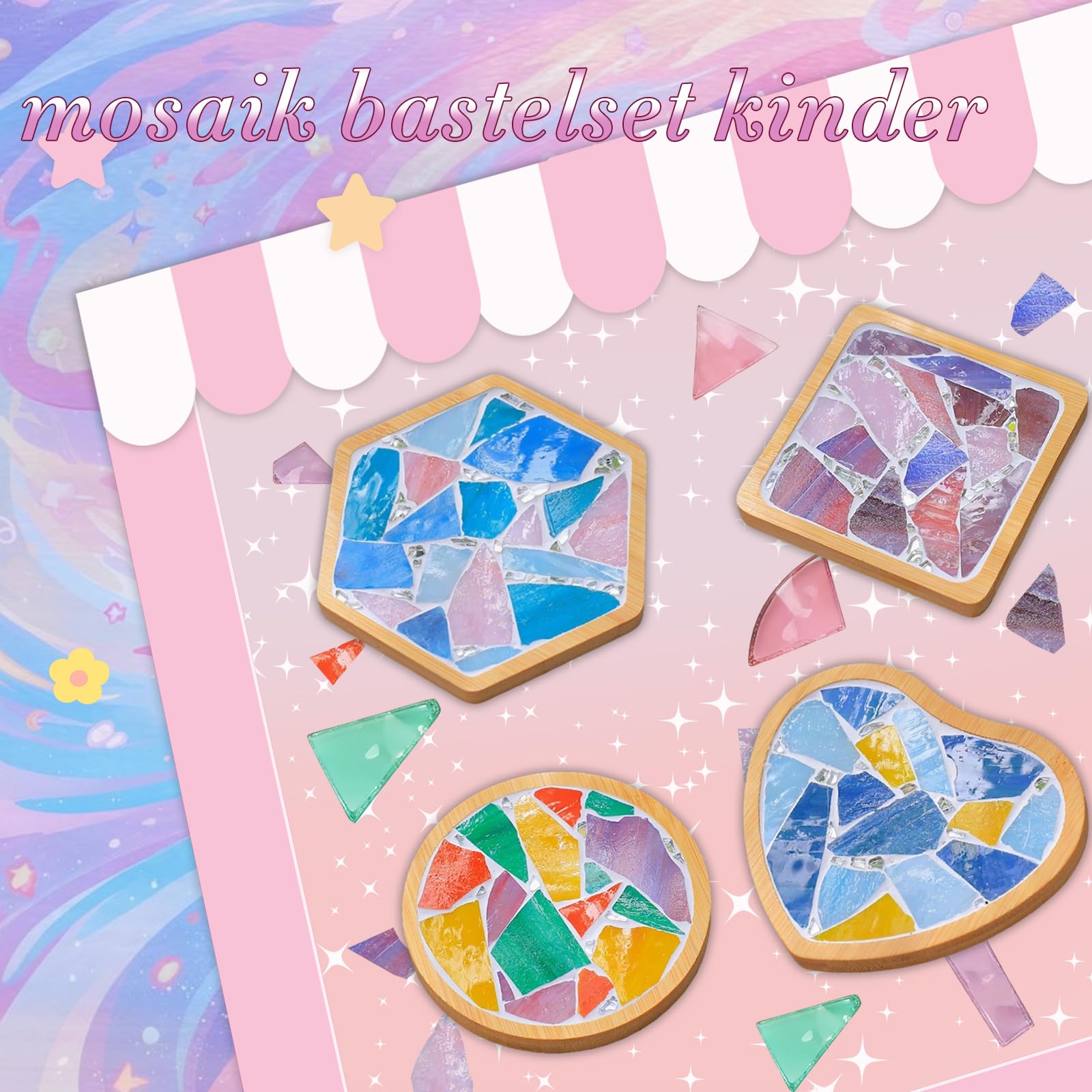 Mosaik Bastelset Kinder, 4 Stück Mosaiksteine zum Basteln und Holz Untersetzer, DIY Kit, Wärmeisolierender Untersetzer für Kinder ab 4 Jahren, Mädchengeburtstag
