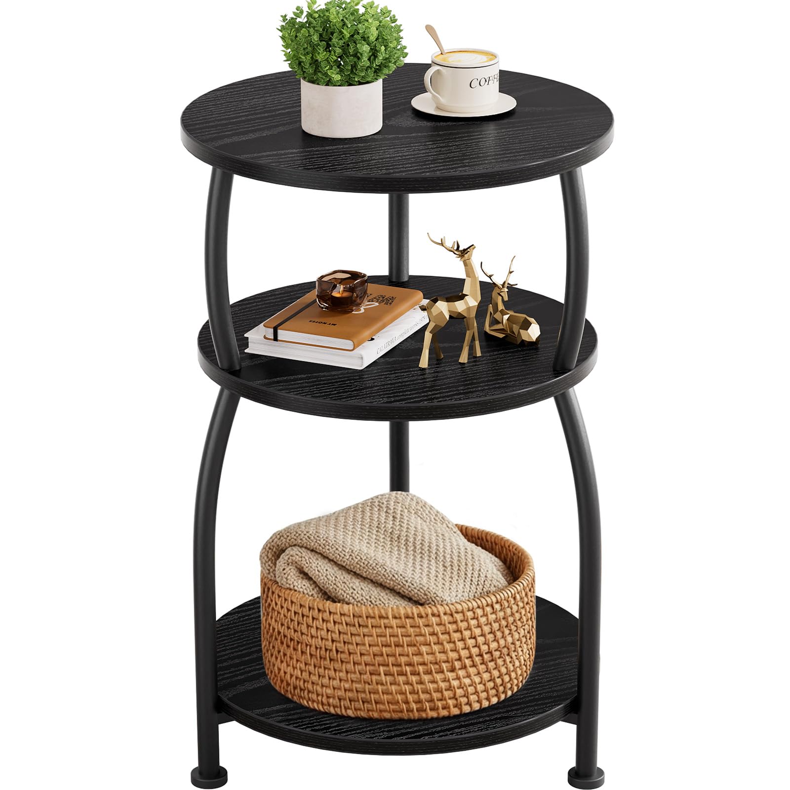 Yuede 3 Tier Side Table, Round Coffee Table, End Table with Storage Shelf, Bedside Table, for Living Room, Bedroom, Metal Frame, 40 x 61 cm, Black