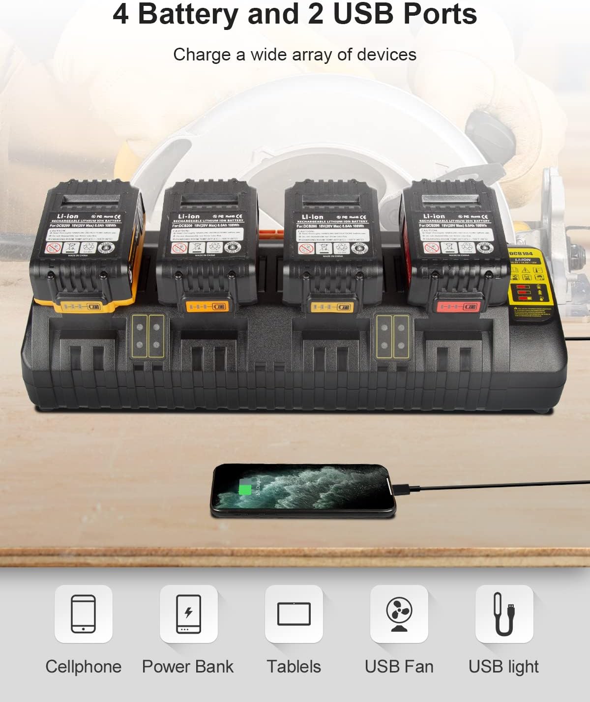 DCB104 Battery Charger Replacement for Dewalt 12V/20V Max Battery Charger Station DCB104(Black) - Image 3