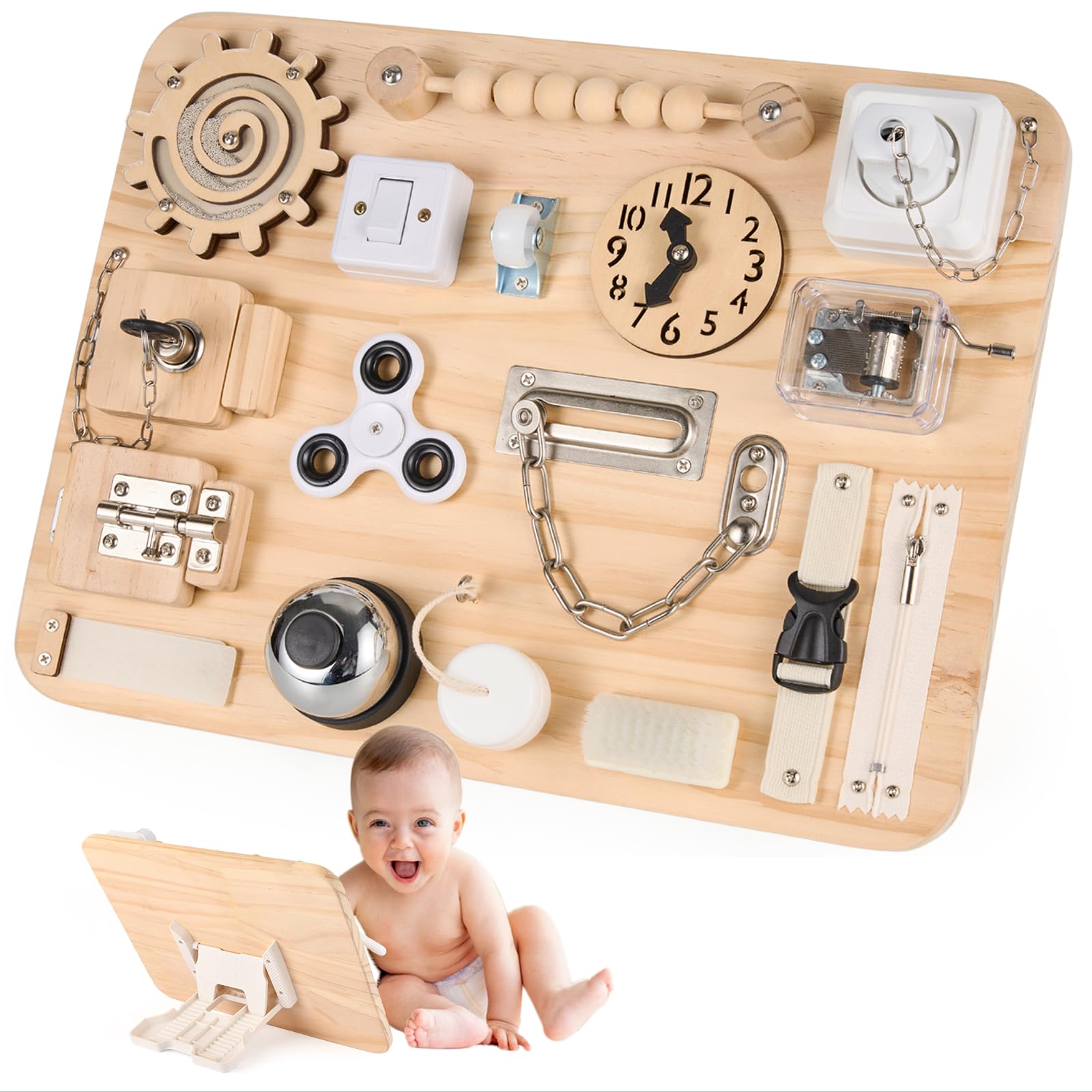 Potatomato Montessori Busy Board – Juguete sensorial de Madera para niños | Tablero de Actividades Educativo, Juguete de Habilidades motoras, Ideal para Viajes y Aviones
