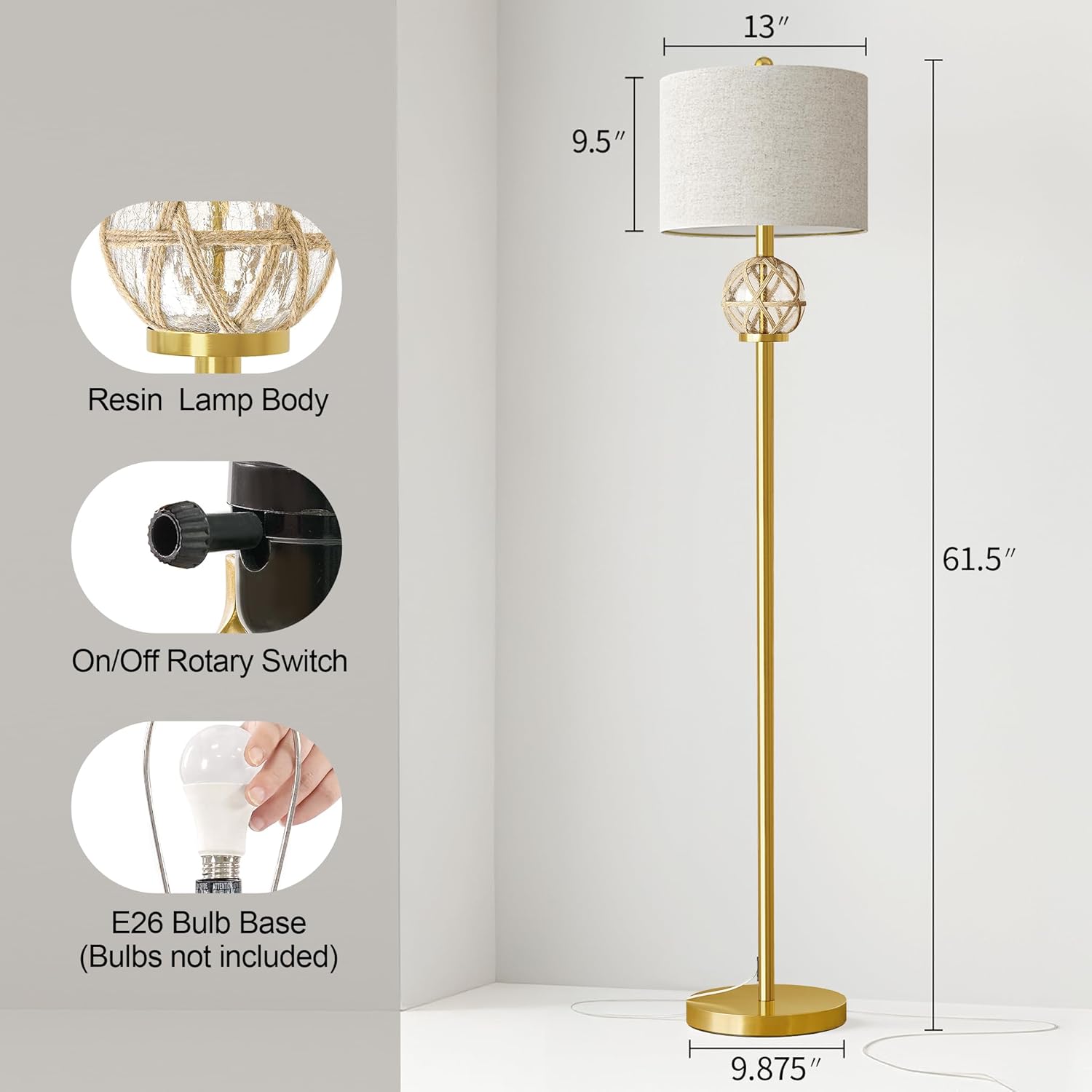 Oneach 61.5" Modern Floor Lamp for Living Room, Gold Boho Standing Lamp with Rattan Glass Design, Rotary Switch, Farmhouse Tall Lamps for Bedroom Office Dining Room (Without Bulb)