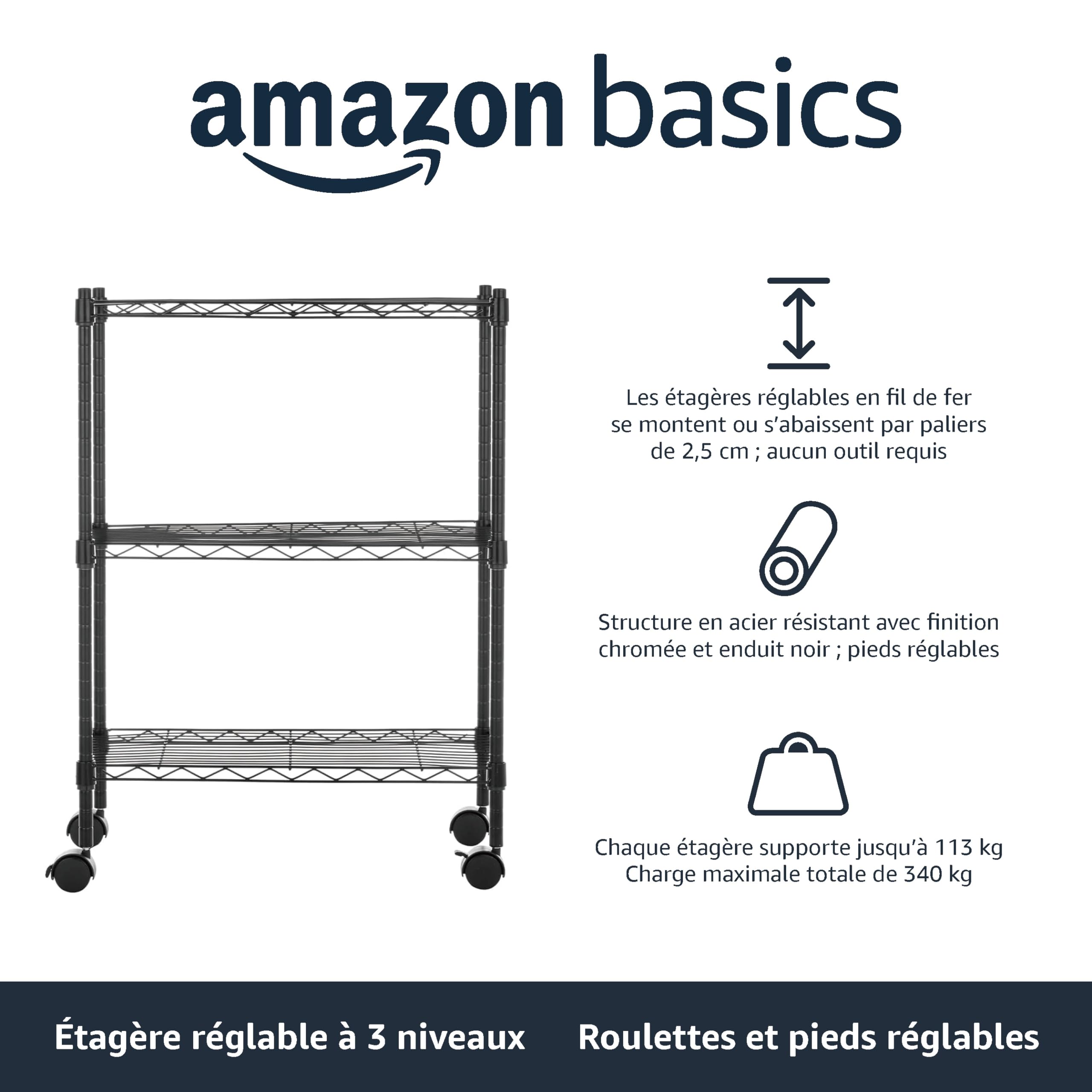 Amazon Basics Étagère de rangement réglable à 3 étagères robustes sur roulettes en plastique PP de 5,1 cm, étagère métallique de rangement en métal, 58,9 x 34 x 83,2 cm (L x l x H), noir