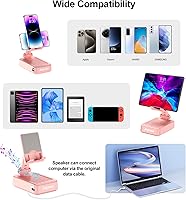 Vista 5 de Regalos para hombres y mujeres, soporte para teléfono con altavoz Bluetooth y función de carga, ángulo giratorio de 360°, soporte ajustable