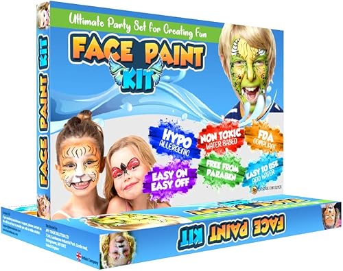 Miniatura 6 de Desire Deluxe Paleta de kit de pintura facial  Juego de maquillaje lavable para niños y adultos, incluye cepillo corporal, purpurina, plantilla,