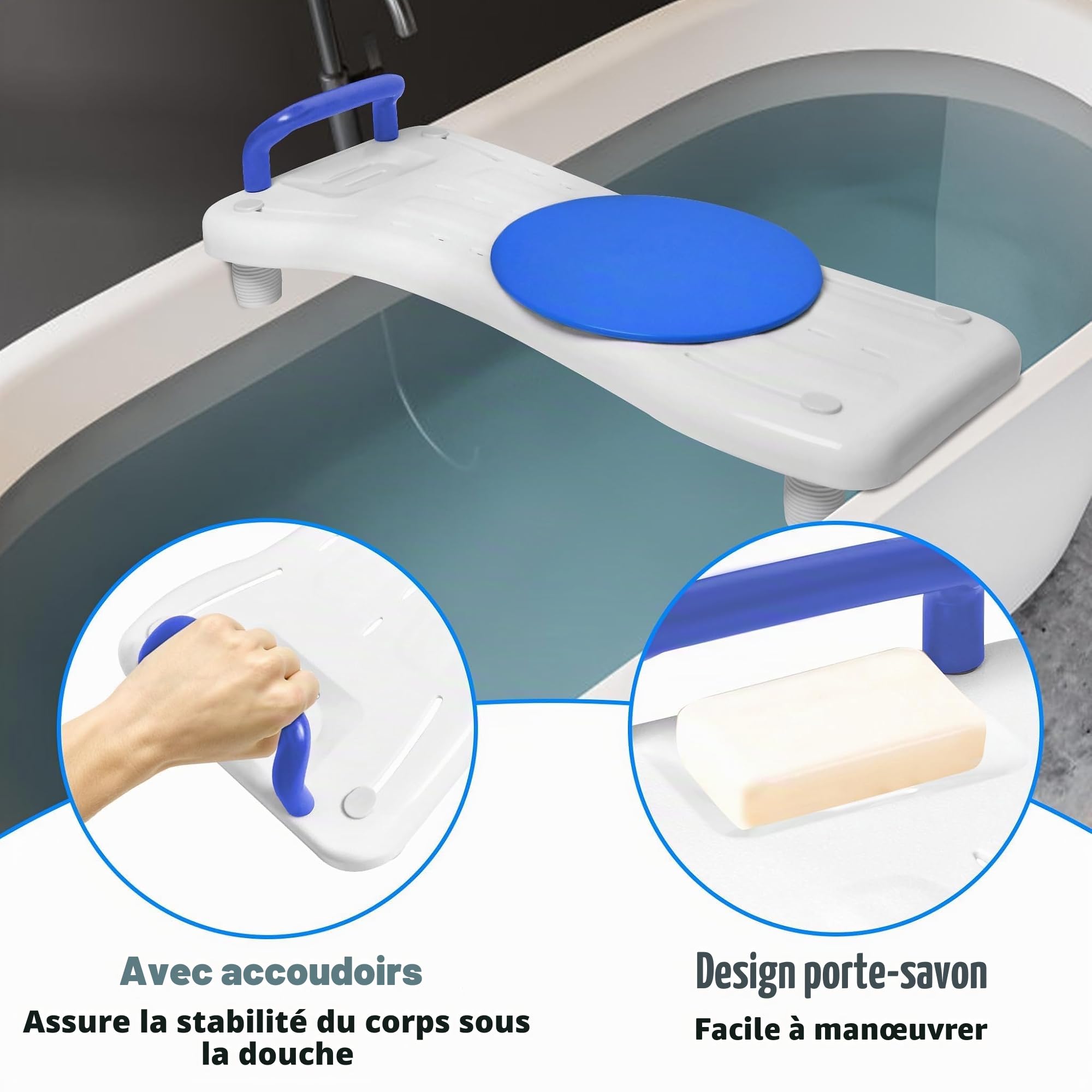 ACXIN Planche de Bain pour Personnes âgées, avec Porte-Savon et poignée, pour Baignoire, 41 à 63 cm, réglable, avec Plaque tournante, Charge maximale : 150 kg (Bleu, 75,5x34x10cm)
