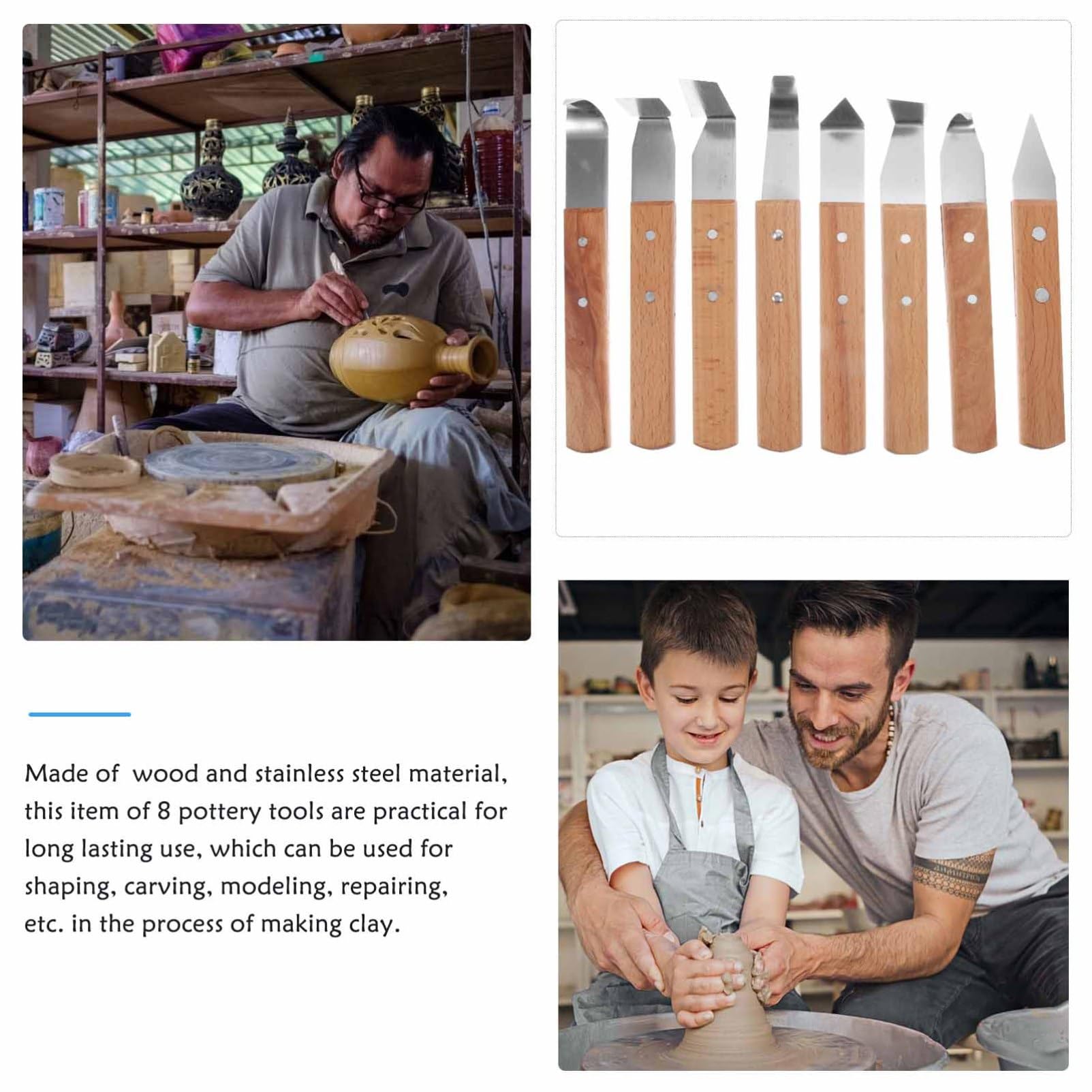 8piezas Herramientas Mango De Madera y Cuchillos De Acero Inoxidable Para Esculpir Arcilla Tallado y Modelado Accesorio Profesional Para Alfarería y Manualidades