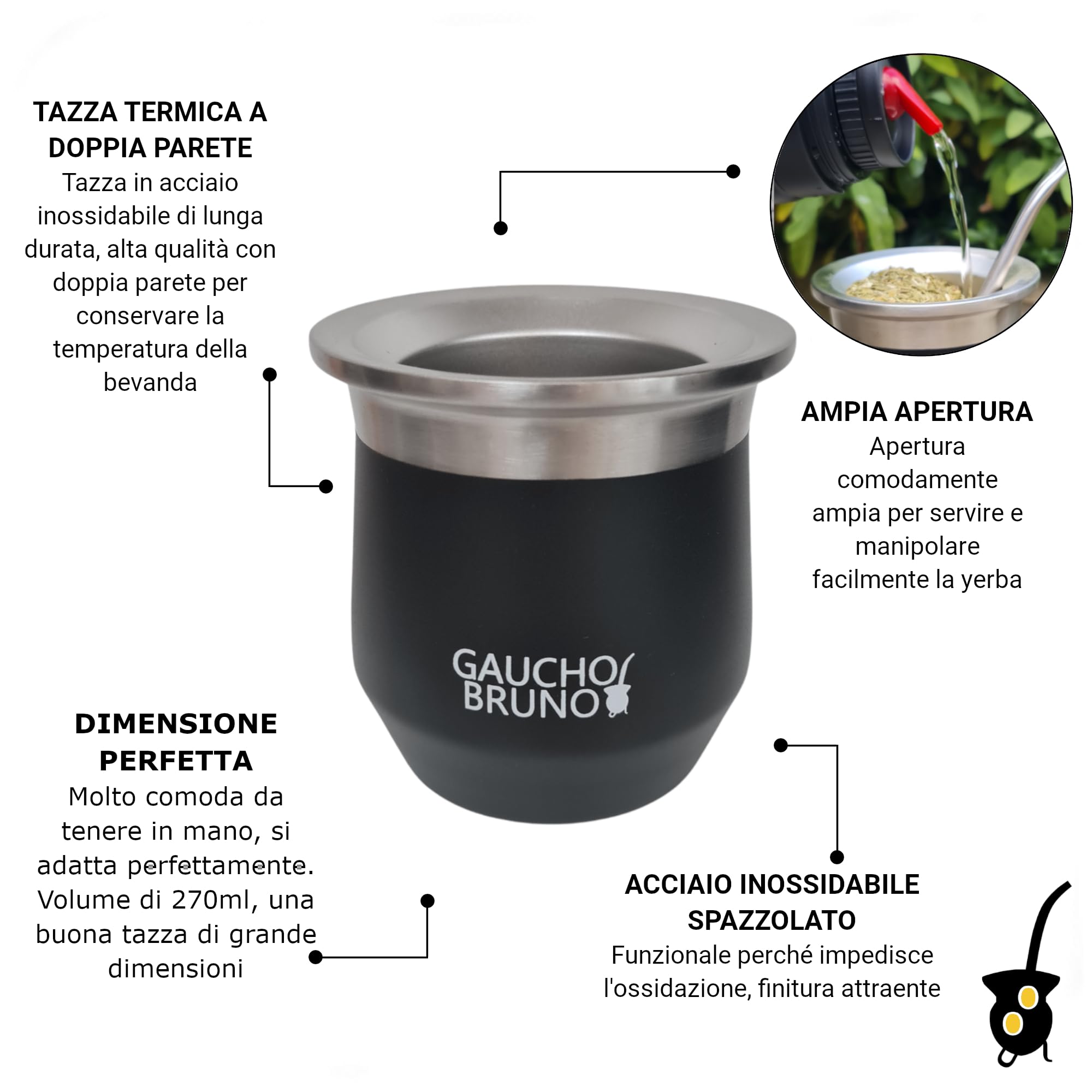 Gaucho Bruno - Mate termico in acciaio inossidabile per bere Yerba Mate | Mantiene la temperatura della bevanda | Con Bombilla | Borraccia da 1 litro con l'iconico beccuccio di precisione pico Cebador