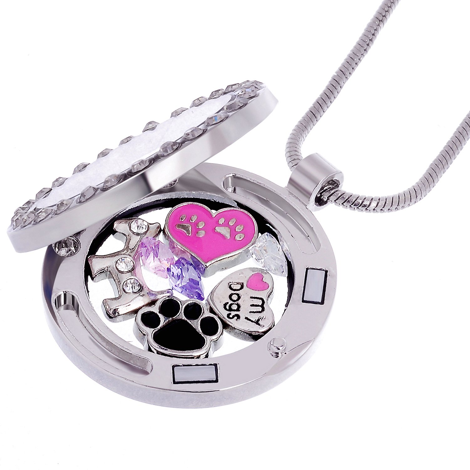 RUBYCA Themed Locket Necklace Crystal Birthstone Living Memory Floating Charm Silver Tone DIY