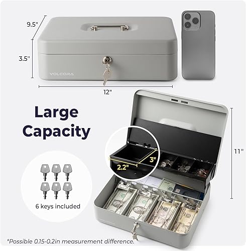 Miniatura 3 de Volcora Caja de Efectivo Grande con Cerradura de Llave, Caja de Dinero de Metal para Efectivo, Caja Fuerte Portátil con Cerradura y Bandeja de