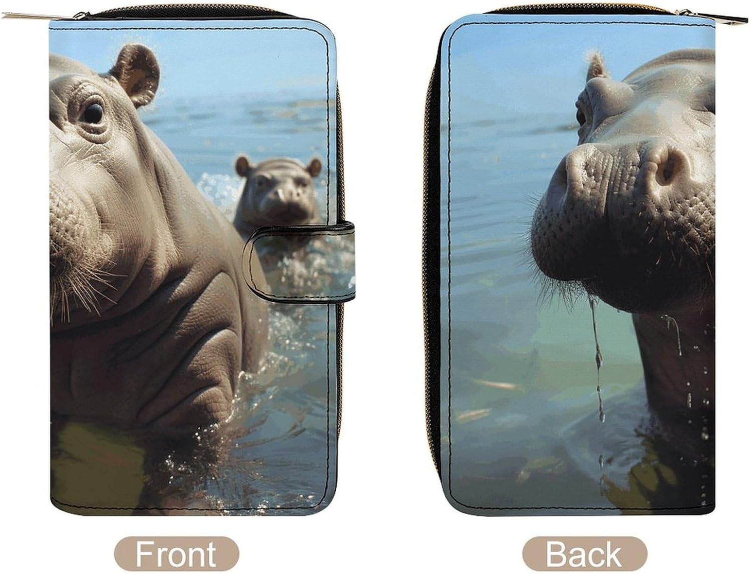 Genuine Leather Multi-Functional Wallet - Compact Card Holder, Cute Baby Hippos Printed Coin Purse & Key Organizer,Perfect for Travel, Work & Daily Use