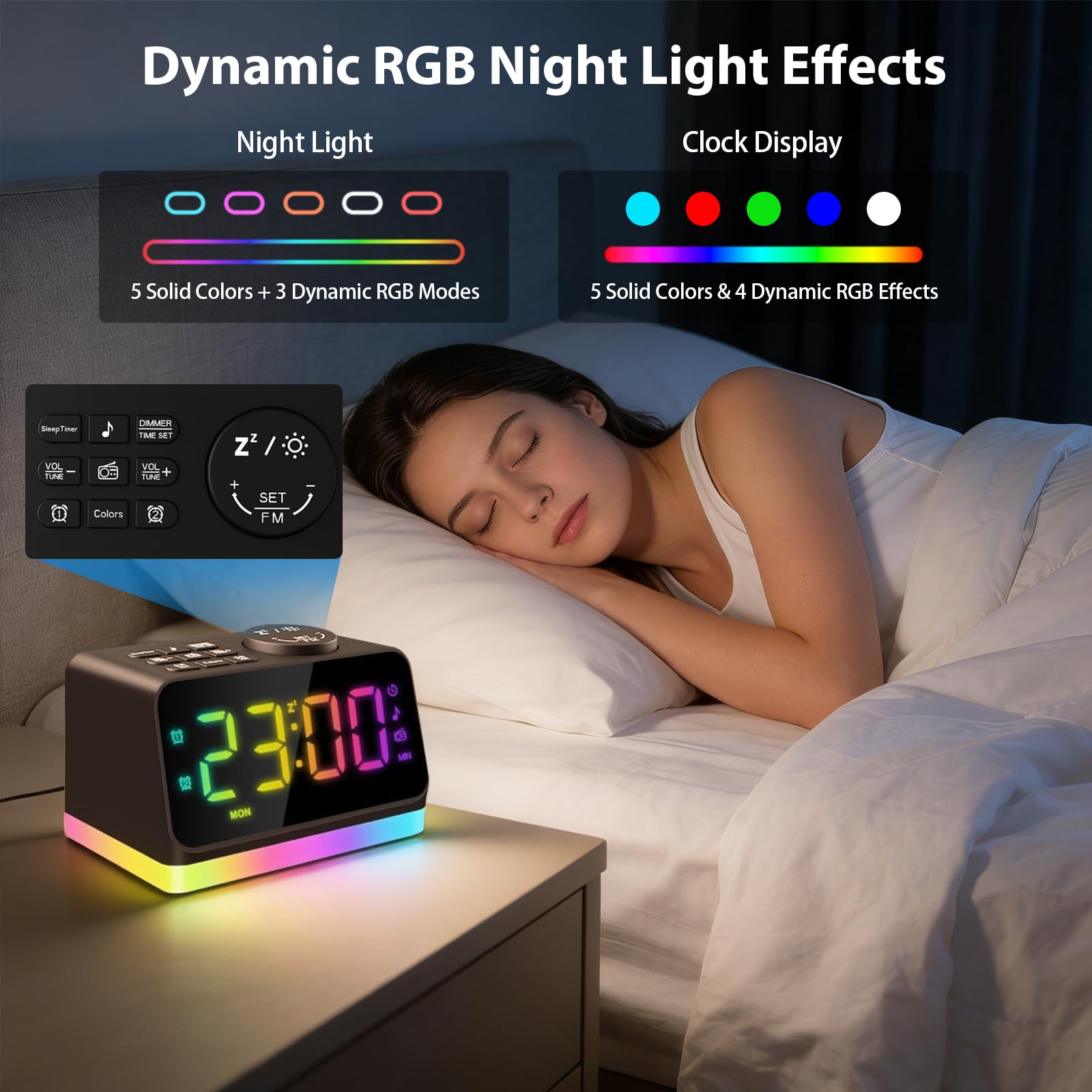 Digitaler Radiowecker für das Schlafzimmer – 8-farbiges Nachtlicht (0-100% dimmbar), Doppelalarm mit 7 Wecktönen, flexibler Schlaf-Timer (10-480 Min), 2 USB-Ladeanschlüsse, zuverlässiger Netzbetrieb