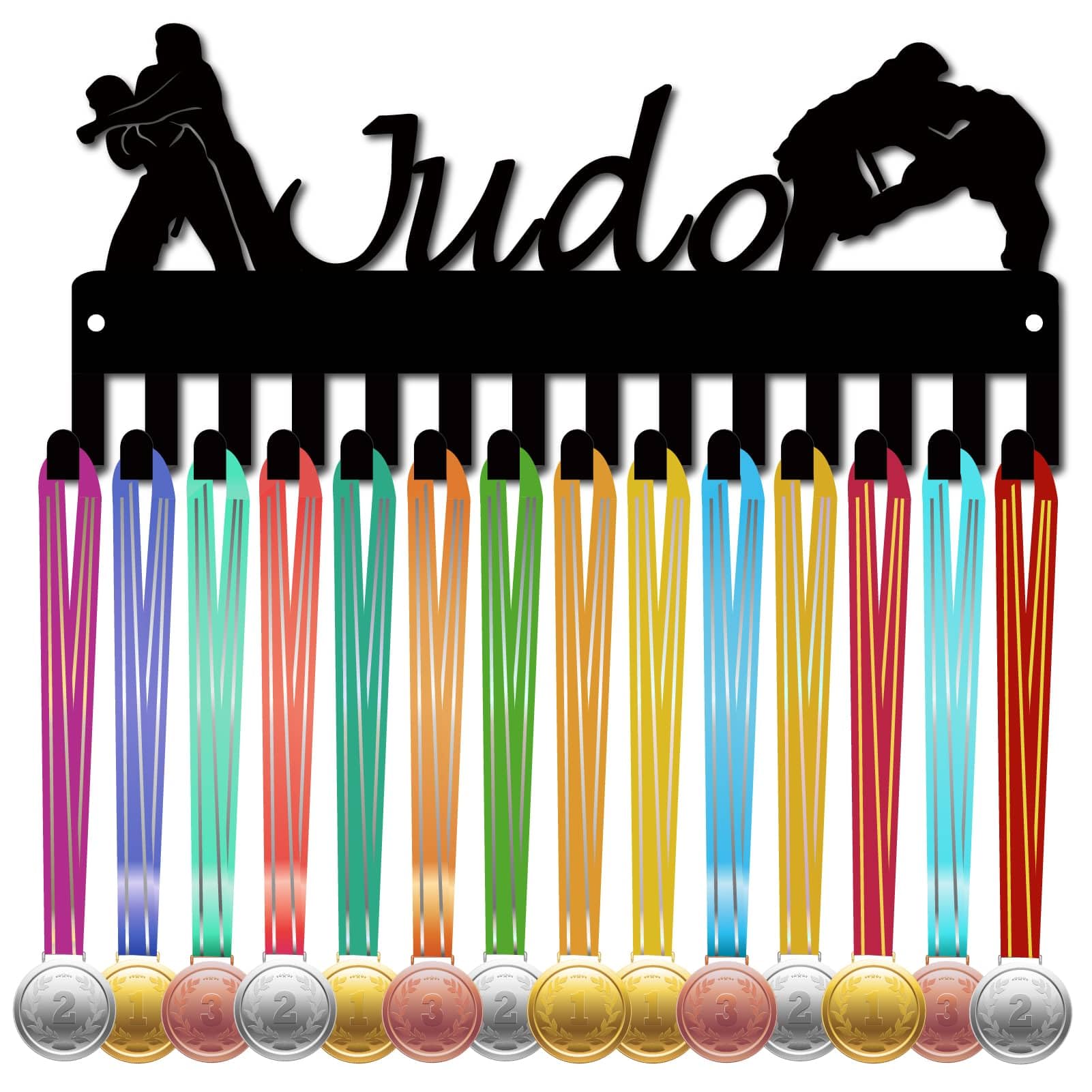 CREATCABIN Porta Medaglie Judo Appendiabiti per Medaglie da Gara Espositore Telaio Nero con Ganci Piccolo Atleta Gara Appendere Premi Decorazione per Montaggio A Parete in Ferro 14+ Medaglie 29x13cm