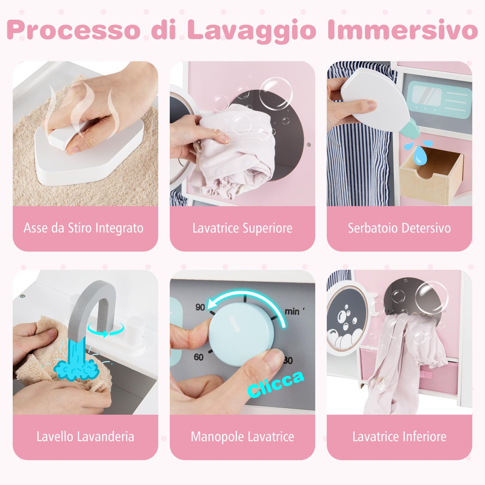 COSTWAY Lavatrice Giocattolo per Bambini, Set Gioco Lavanderia in Legno con Lavatrice, Asciugatrice, Rubinetto e Accessori, Simulazione Elettrodomestici, Giocattolo Educativo 3+ Anni, 89 x 30 x 88 cm