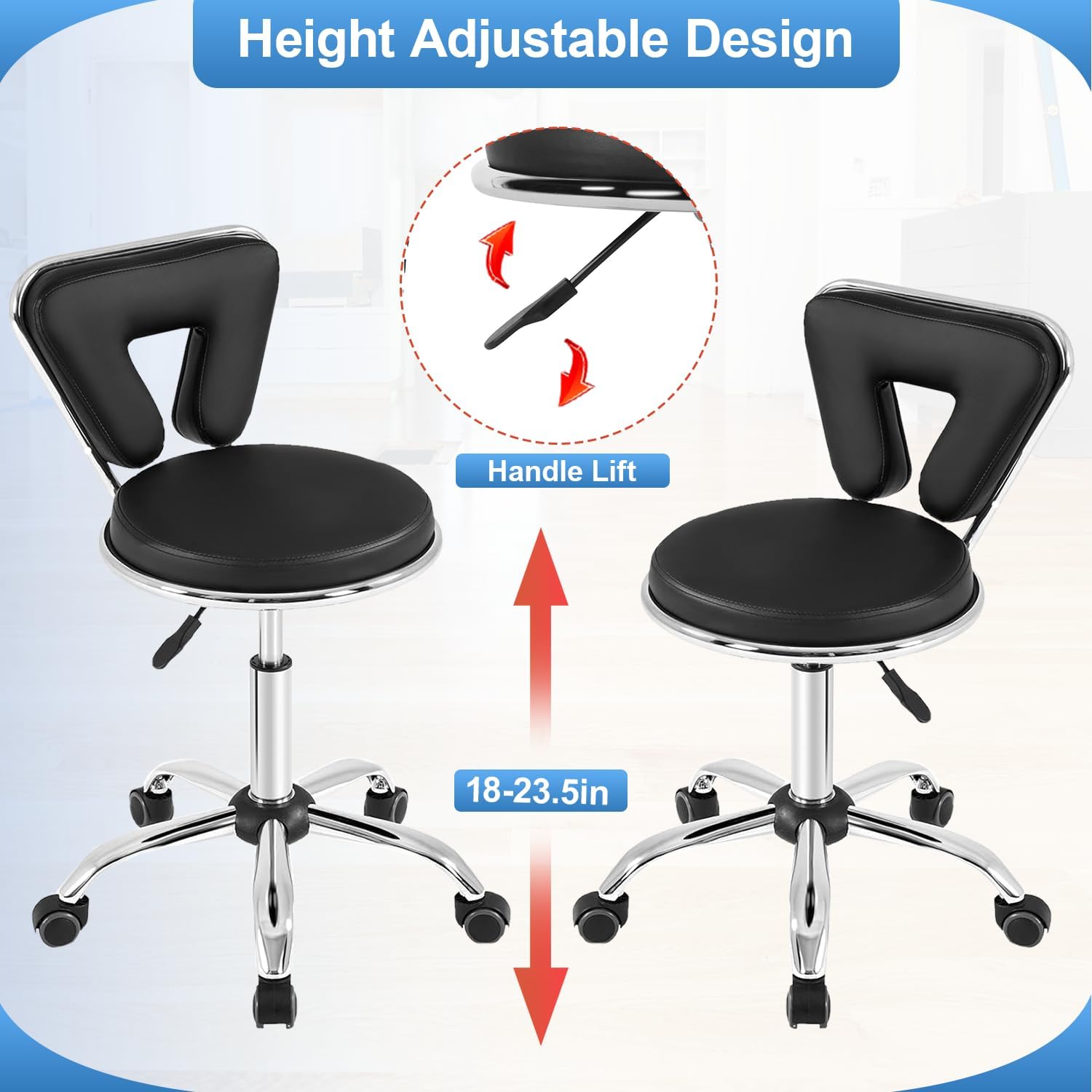 PayLessHere Adjustable Hydraulic Rolling Stool with Backrest, Swivel Salon Chair for Spa, Tattoo, Facial, Lash, Massage, Estheticians and Technicians (Black)