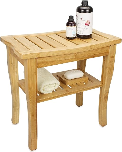 SMIBUY Bamboo Shower Bench, 2-Tier Wood Spa Bath Organizer Stool, Corner Bathroom Chair & Seat with Storage Shelf for Indoor Outdoor(Natural)