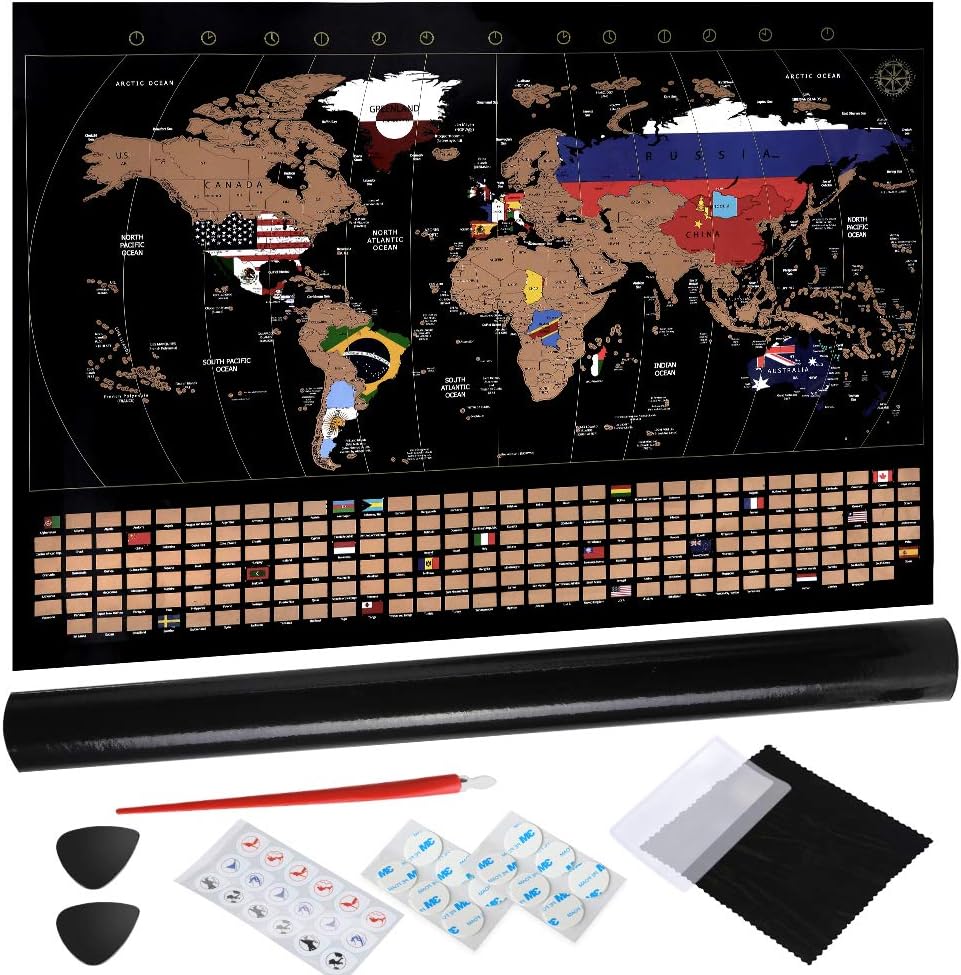 Anpro Scratch Off World Map, Detailed World Map with US States and Country Flags, Abundant Accessories Kit and Gift Tube, Perfect Gift for Traveling (80cm x 58cm)
