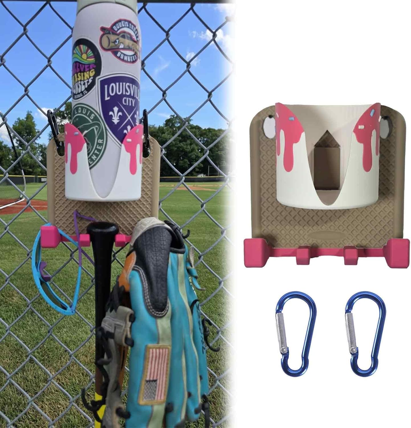 Baseball Equipment Storage Rack - Red Ice Cream - Baseball and Softball Equipment Hanging Rack with Beverage Storage, Portable Rack that mounts to fences
