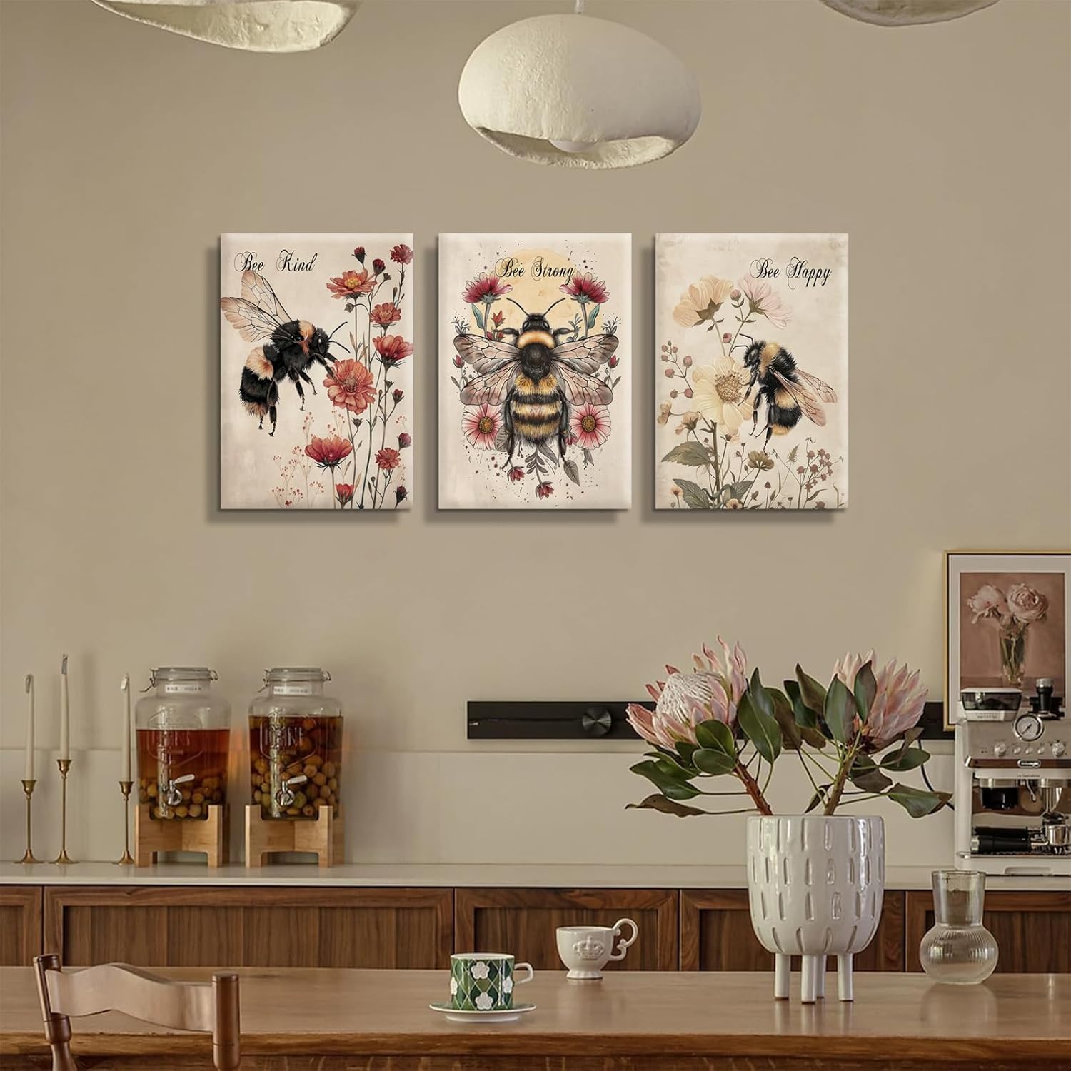 3Pcs Vintage Bee Floral Canvas Wall Art Strong Happy Kind Inspirational Poster Print Wall Decor Funny Insect Painting Picture Suitable for Living Room Bedroom Home Decoration (12x16in Canvas)